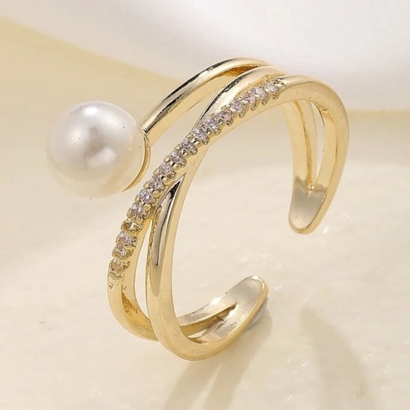 Luxe Faux Pearl Rhinestone Adjustable Ring - Picture 3 of 5